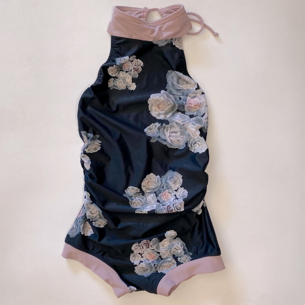 Girls Floral Halter Dance Costume in Black and Dusty Pink